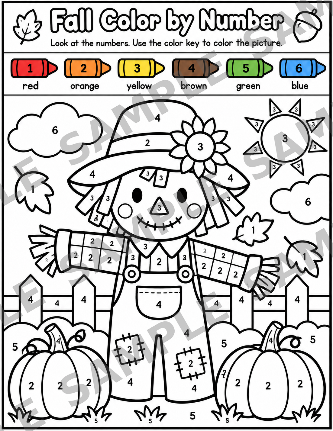 Fall Color by Number Worksheet | Scarecrow Math Activity | PreK & Kindergarten