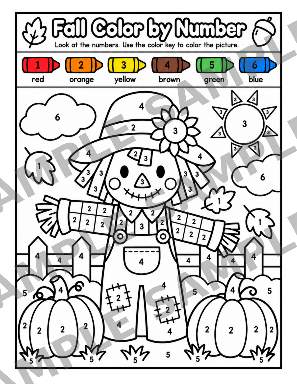 Fall Color by Number Worksheet | Scarecrow & Pumpkin Math Activity | PreK-K