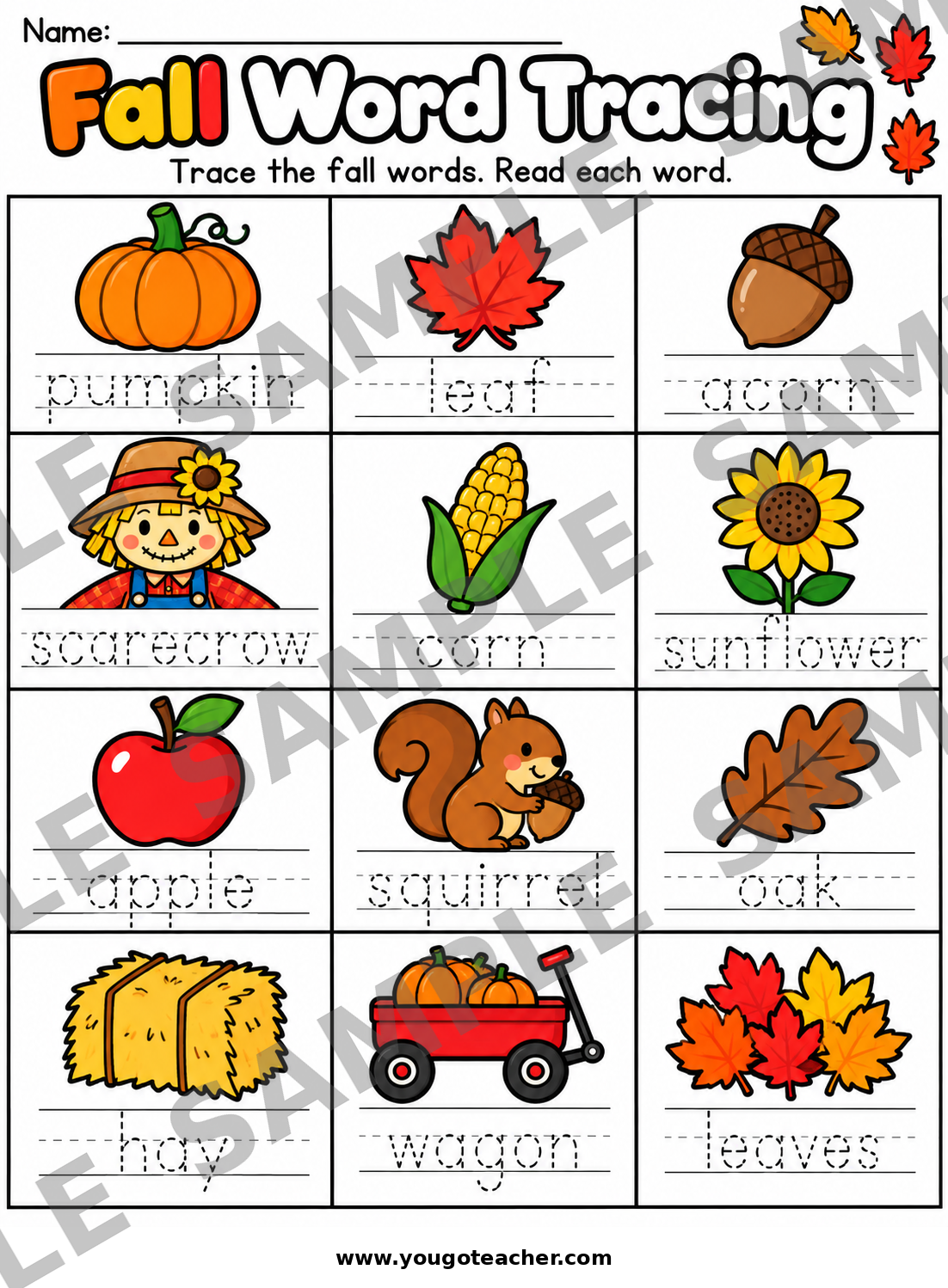 Fall Word Tracing Worksheet | Autumn Vocabulary & Handwriting Practice | PreK-K