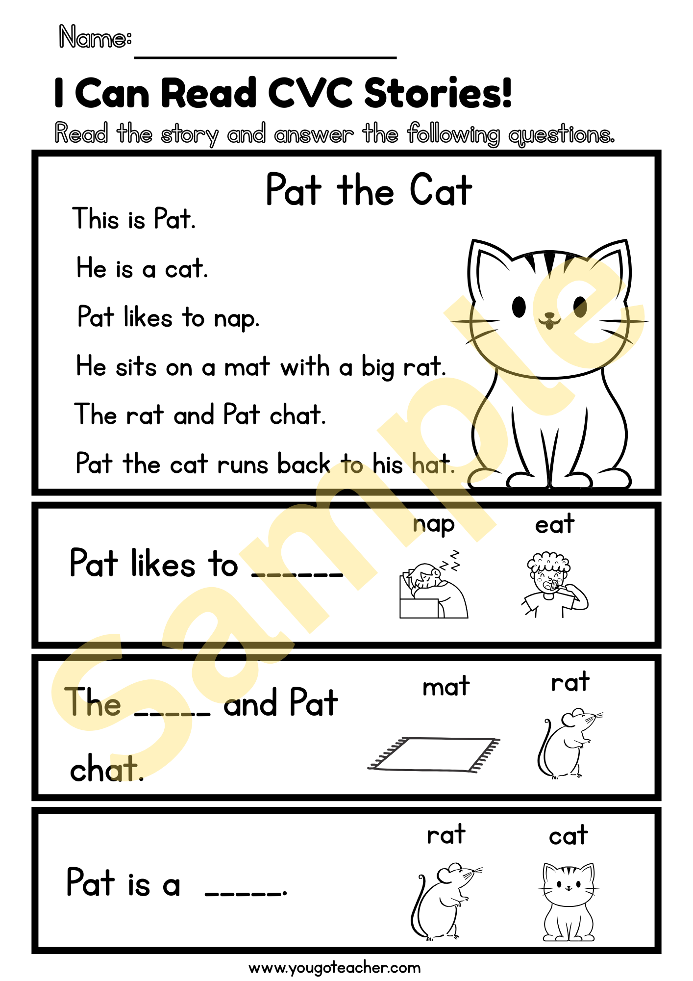 Phonics Worksheets: CVC Stories -At Word Family