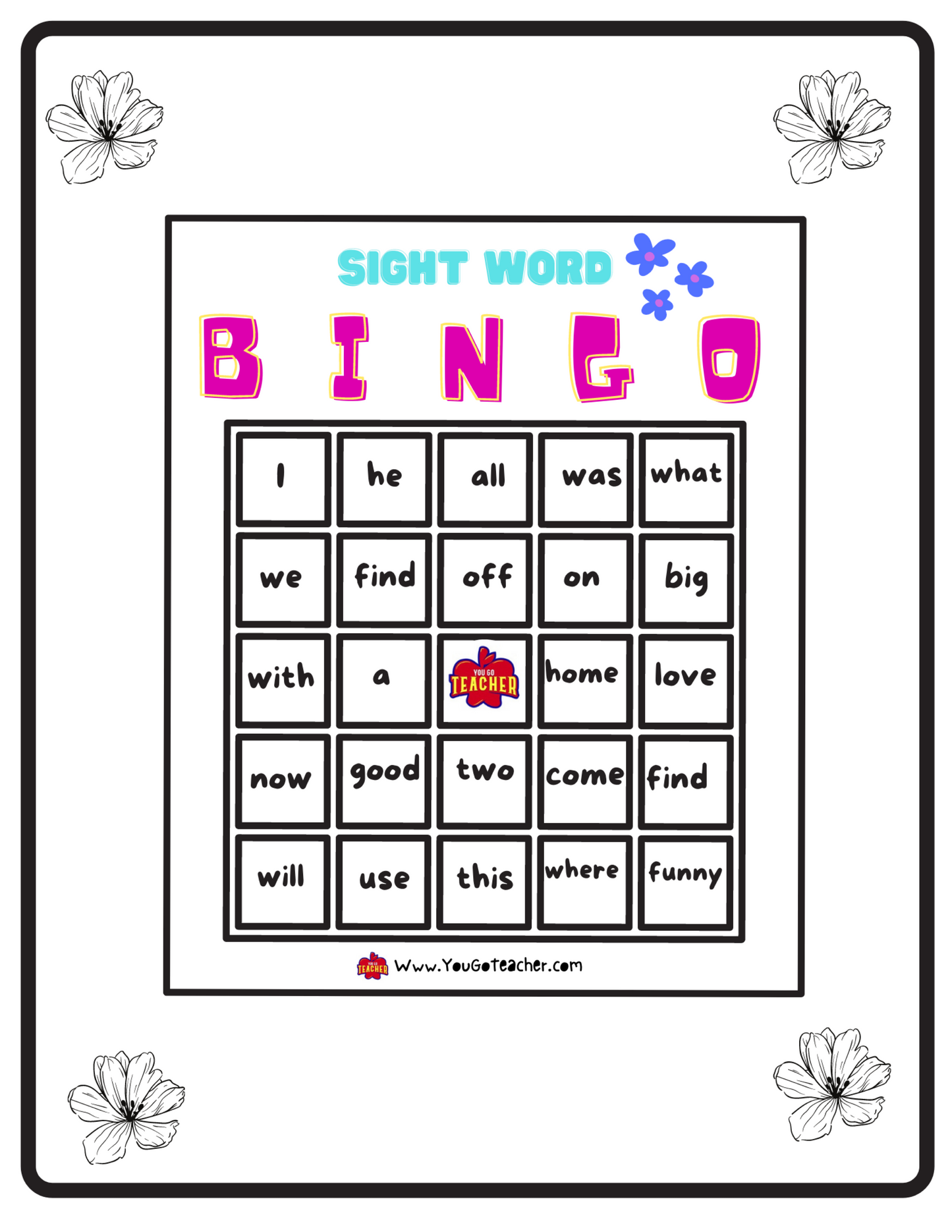 Sight Word Bingo Game for Children