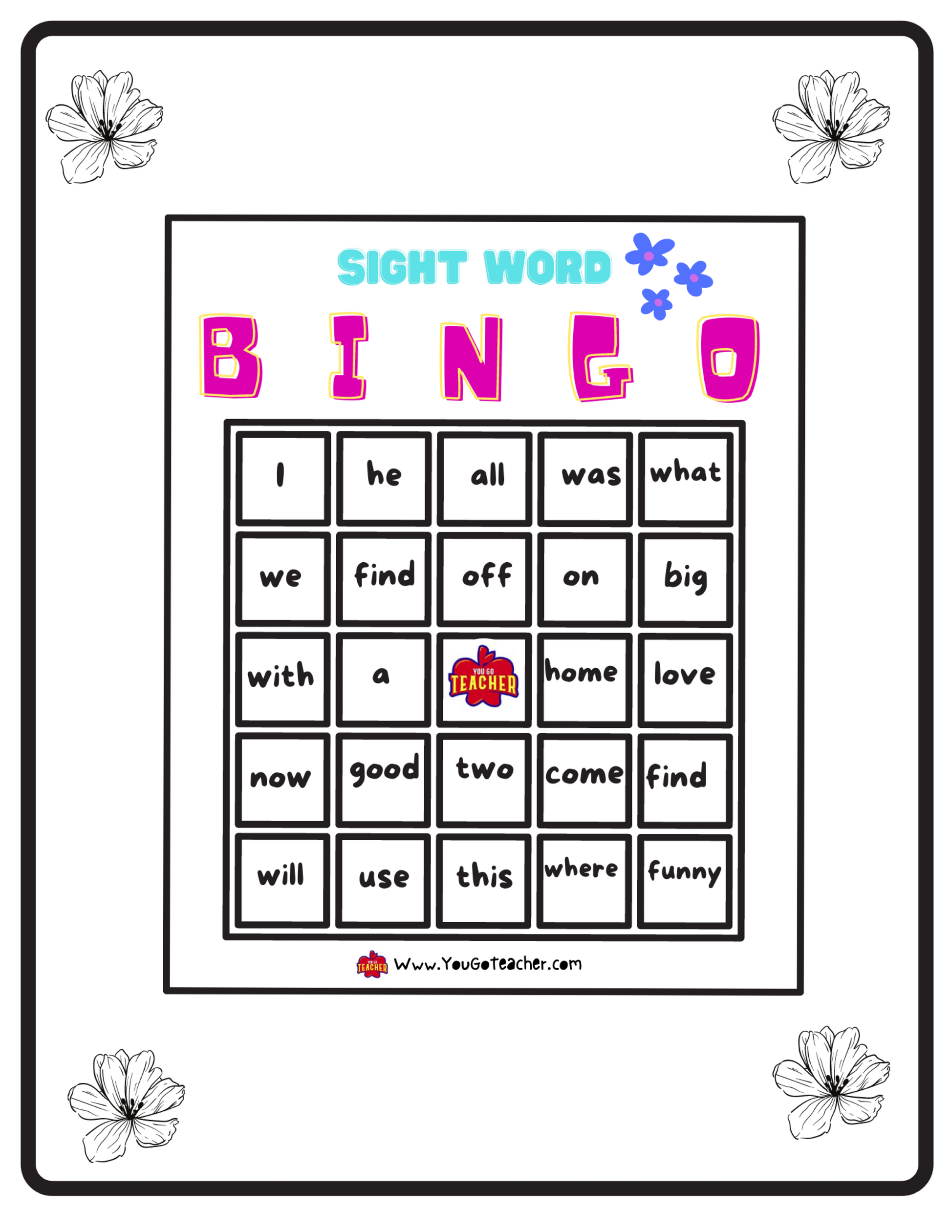 Sight Word Bingo Game for Children