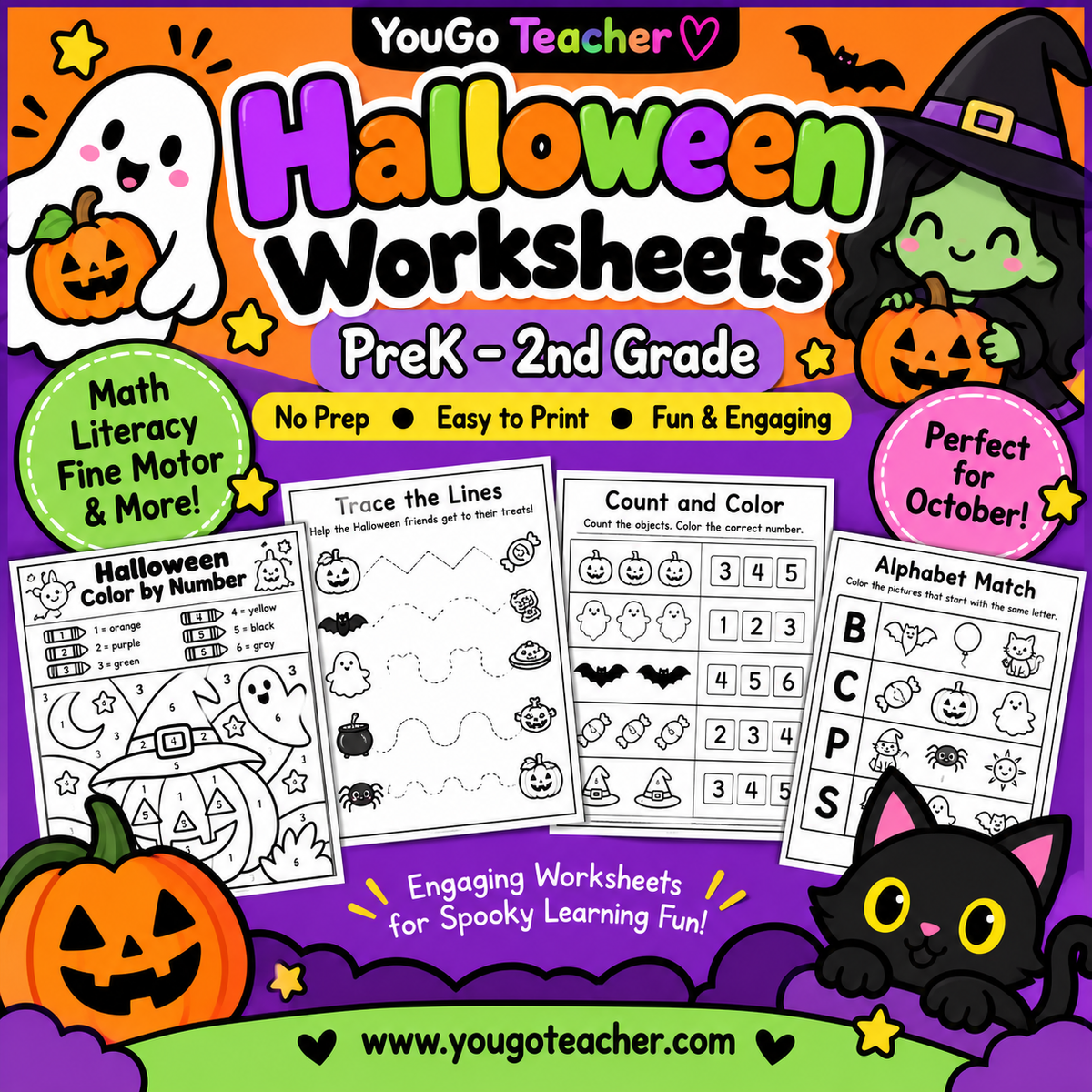Halloween Worksheets for PreK, Kindergarten & 1st Grade | Math, Literacy & Fine Motor Activities