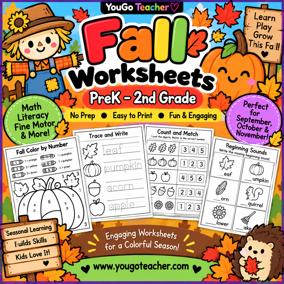 Fall Worksheets for PreK, Kindergarten & 1st Grade | Math, Literacy & Fine Motor Activities