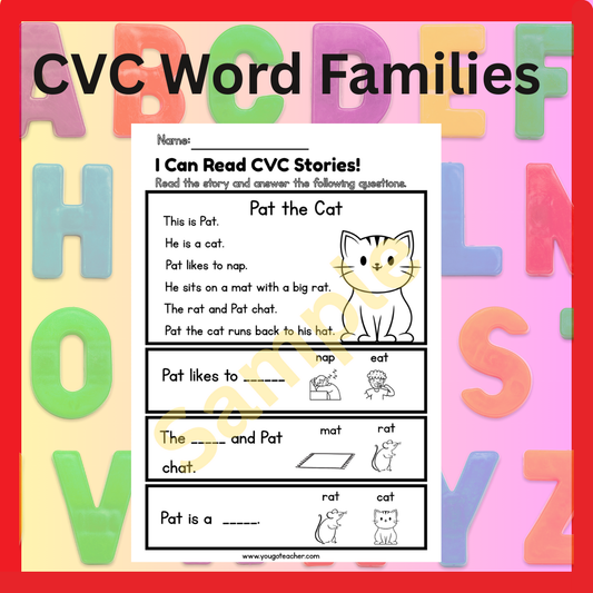 Phonics Worksheets: CVC Stories -At Word Family