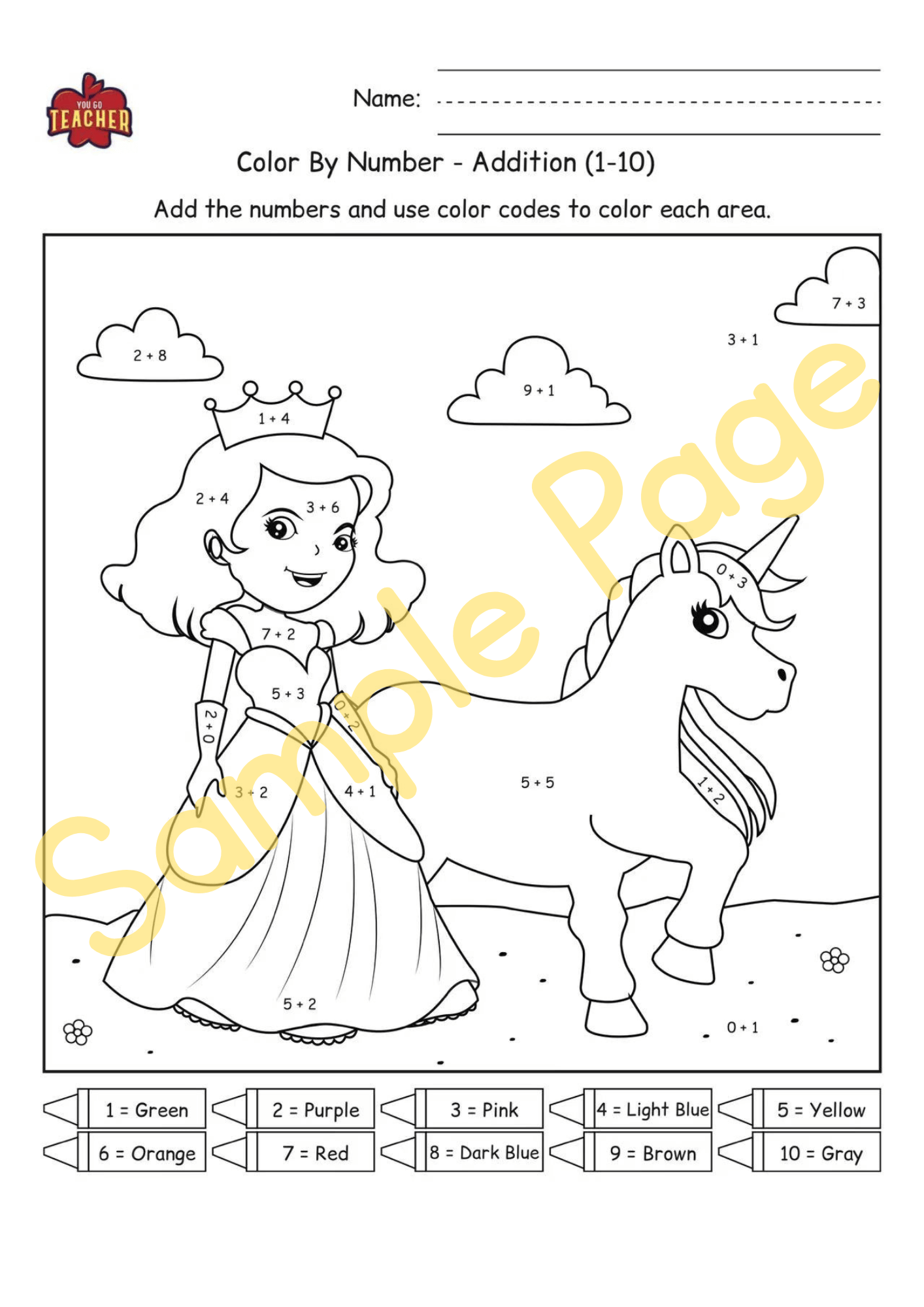 Math| Color by Number-Princesses Addition Resource [6 pages] Answer Sheet Included