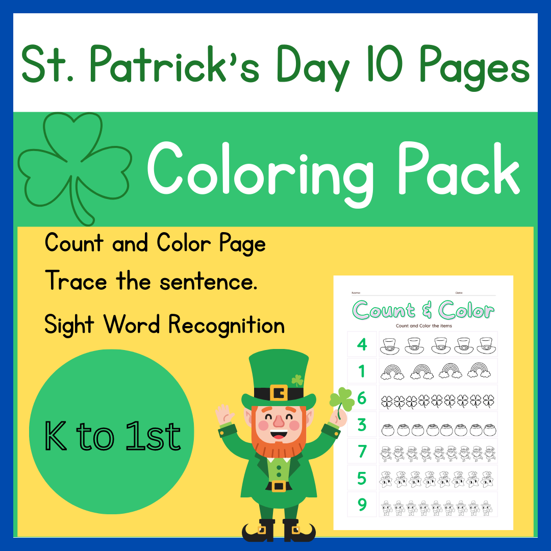 St. Patrick's Day Coloring Pages Bundle] Lucky Shamrocks, Pot of Gold & Leprechaun Hat Activities