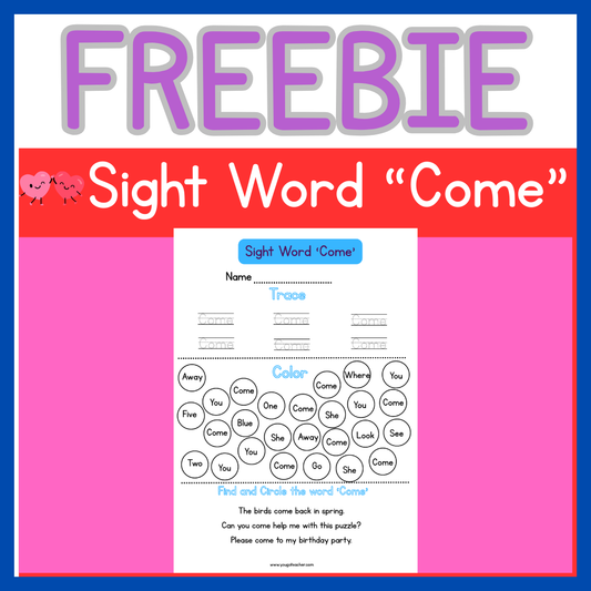 Freebies: Sight Word "Come" Worksheet-Kindergarten Trace and Find Activity| Phonics