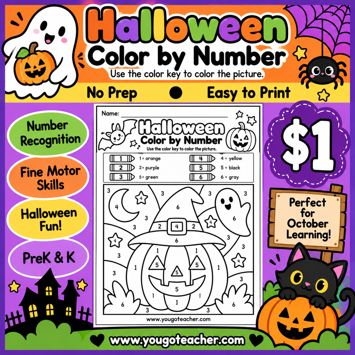 🎃 Halloween Color by Number Worksheet | PreK & Kindergarten Math Activity