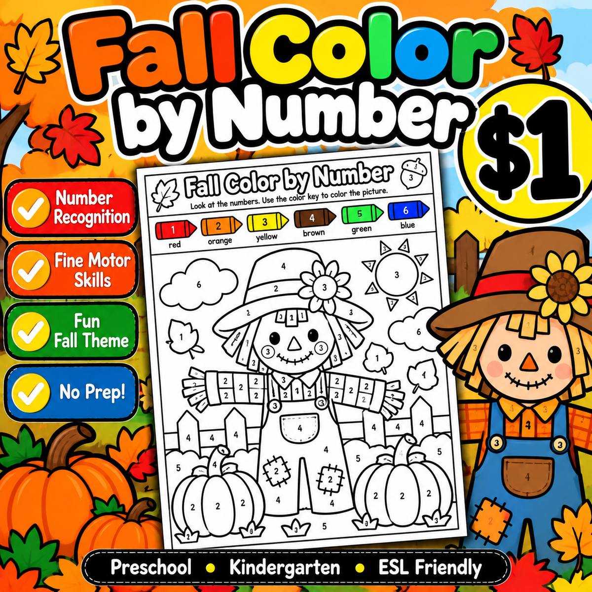 Fall Color by Number Worksheet | Scarecrow & Pumpkin Math Activity | PreK-K