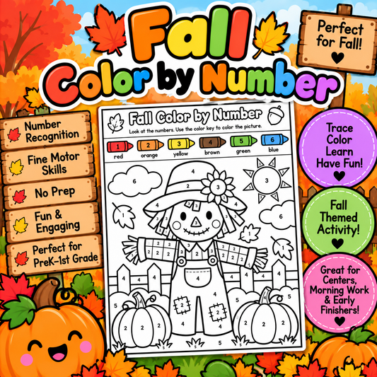 Fall Color by Number Worksheet | Scarecrow Math Activity | PreK & Kindergarten