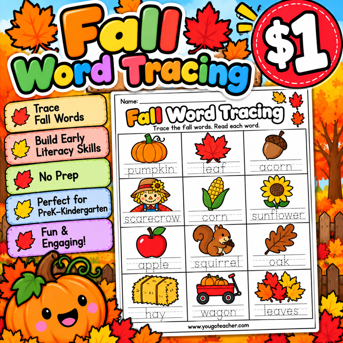 Fall Word Tracing Worksheet | Autumn Vocabulary & Handwriting Practice | PreK-K
