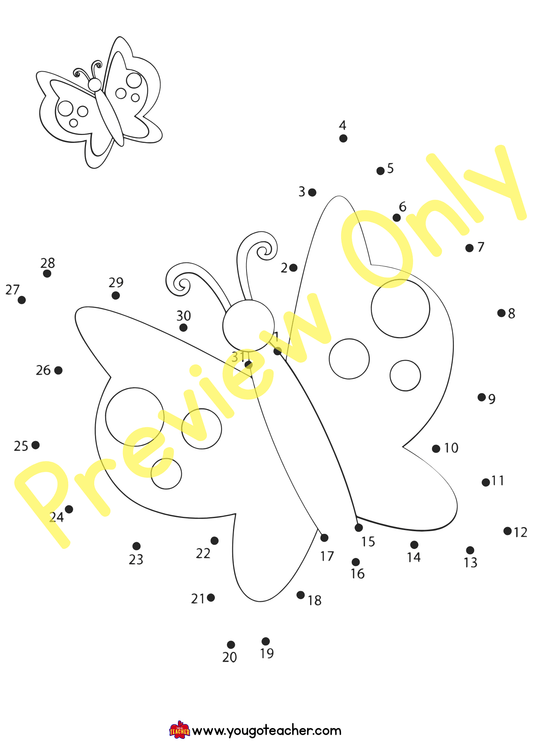Freebies: Butterfly Connect the Dots Coloring Page| Numbers 1-31 Printable Worksheet| Math