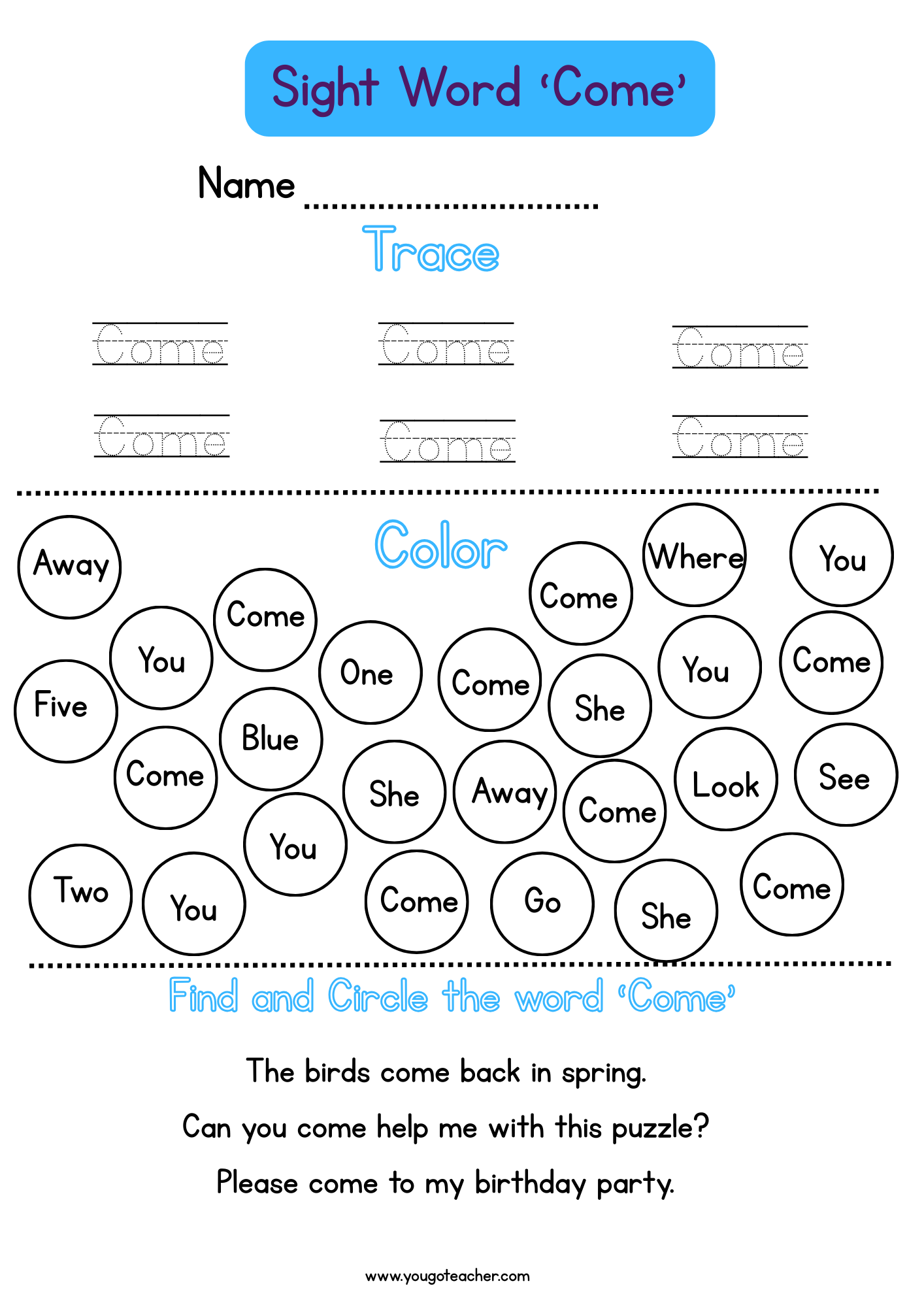 Freebies: Sight Word "Come" Worksheet-Kindergarten Trace and Find Activity| Phonics