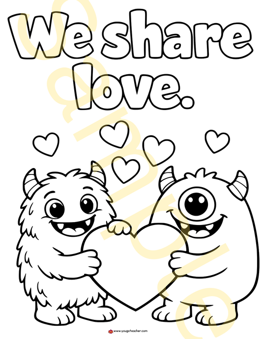 💕 Valentine’s Day Coloring Page – “We Share Love” Cute Monster Printable